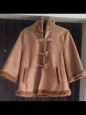 Synchronicity Faux Suede Brown Poncho Coat Lamb Fabric Warm Size Medium